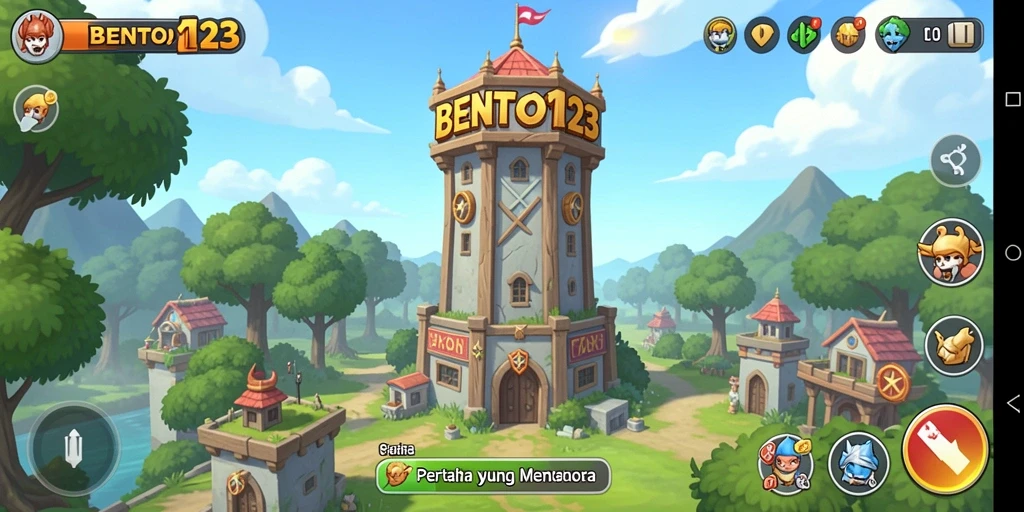 Gameplay BENTO123 menunjukkan menara pertahanan yang berfungsi di medan pertempuran.