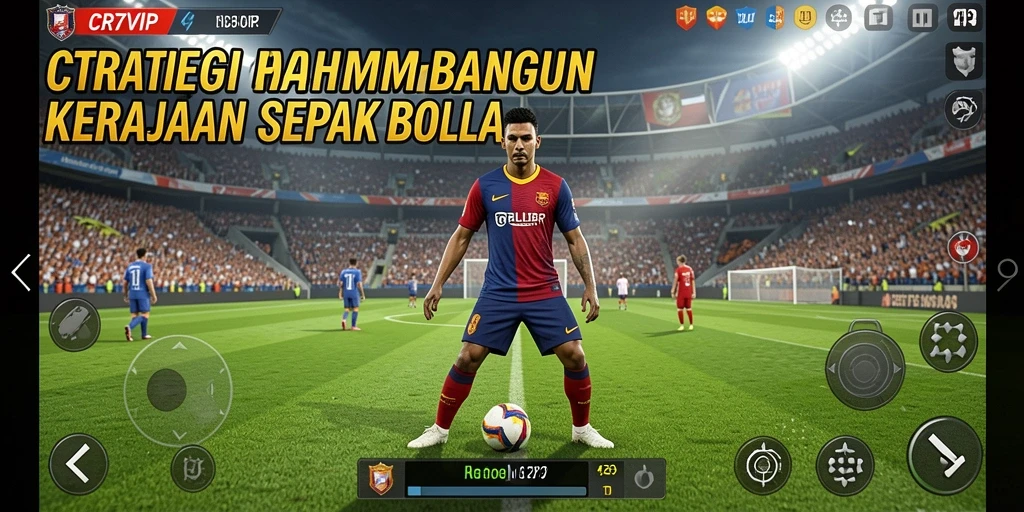 Screenshot utama menunjukkan aksi hebat dalam permainan strategi sepak bola.