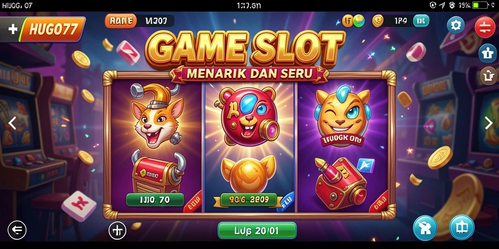 Tampilan gameplay menarik dari HUGO77 dengan gulungan Slot dan efek visual.