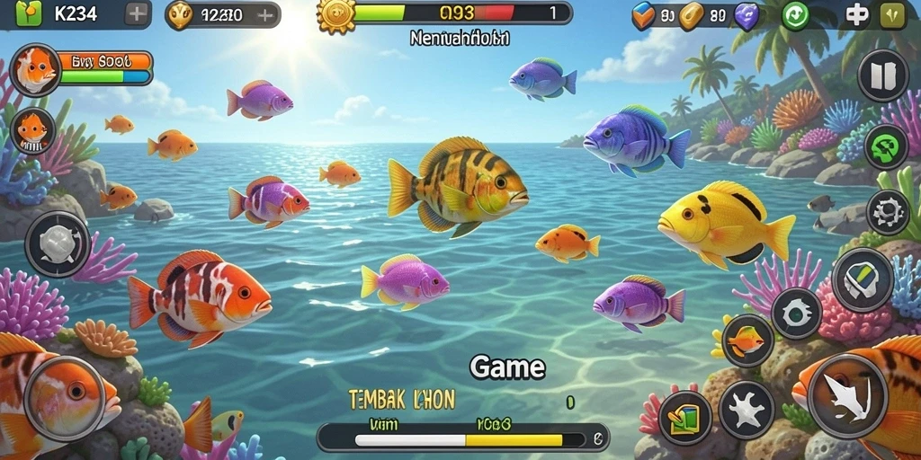 Tampilan gameplay K234 dengan banyak ikan berwarna-warni dan efek tembakan.