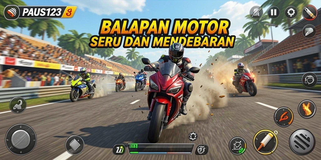 Screenshot gameplay PAUS123 yang menampilkan balapan motor yang mendebarkan.