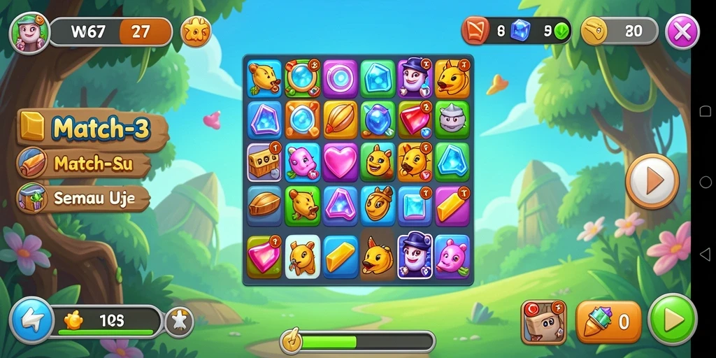 Screenshot utama W67 menunjukkan gameplay Match-3 yang seru.